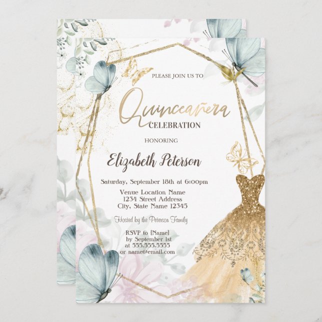 Invitation Robe Parties scintillant Or Papillons Bleus Gold F (Devant / Derrière)