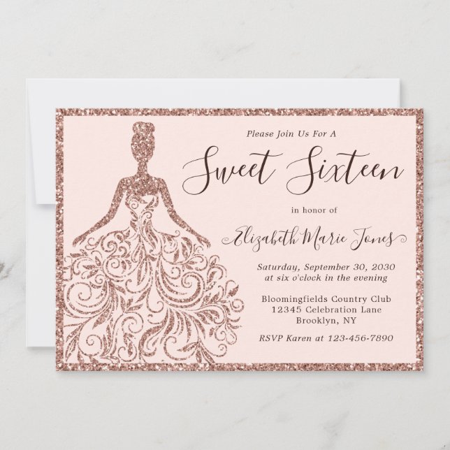Invitation Robe Parties scintillant or rose Sweet sixteen 16  (Devant)
