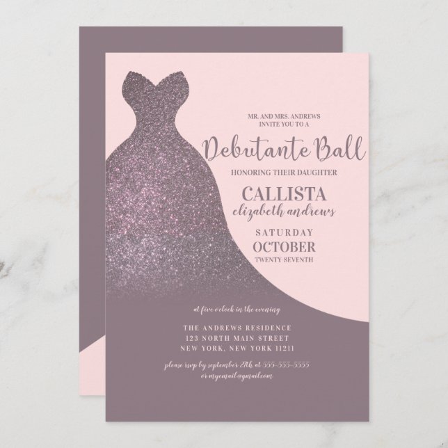 Invitation Robe Parties scintillant rose brillant Mauve Danse (Devant / Derrière)