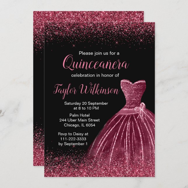 Invitation Robe Plum Violet Faux Parties scintillant Quincean (Devant / Derrière)