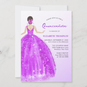 Invitation Robe pourpre Parkling Ombre Quinceañera Anniversai