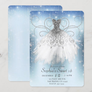Invitation Robe Princesse Bleu Blanc Argentée Fête Sweet 16