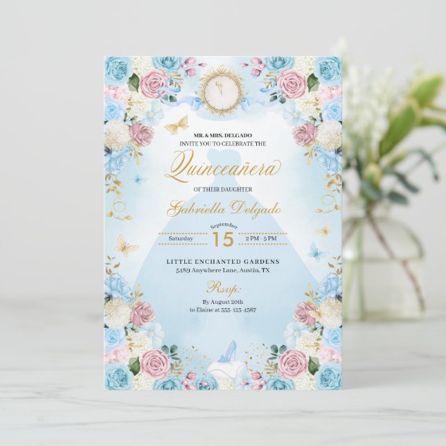 Invitation Robe princesse Cinderella bleu et rose Quinceanera (Debout devant)