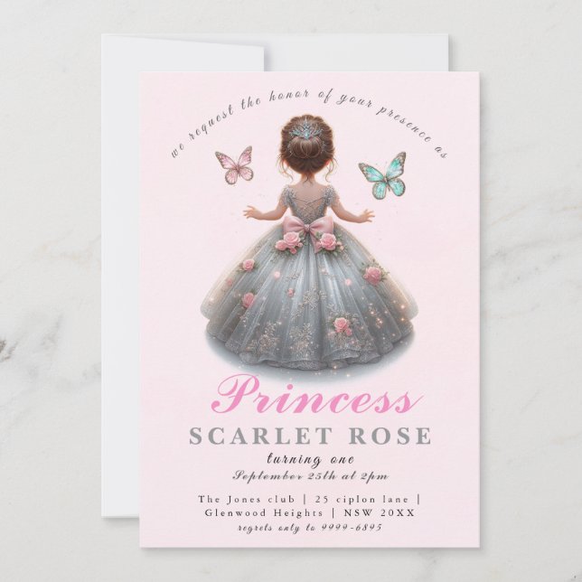 Invitation Robe princesse en argent rose Fête d'anniversaire  (Devant)