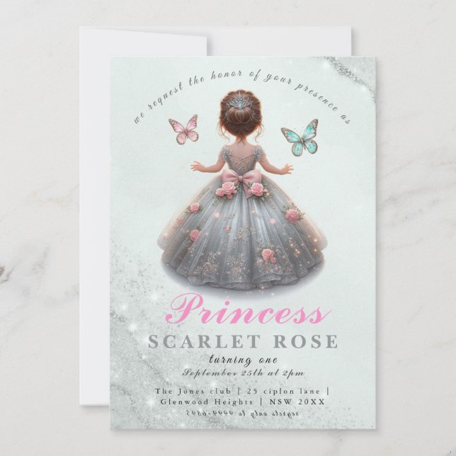 Invitation Robe princesse en argent rose Fête d'anniversaire  (Devant)