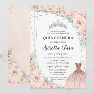 Invitation Robe princesse florale blanche en argent Quinceañe