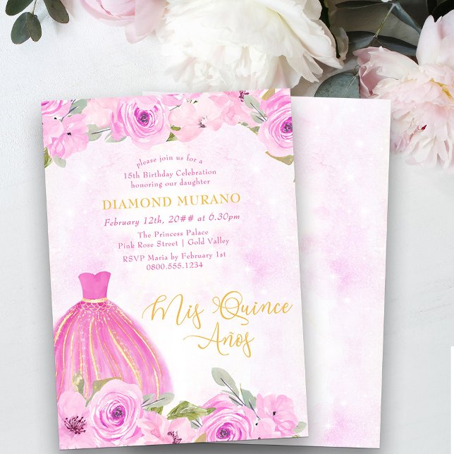 Invitation Robe princesse Florale Rose Mis Quince Anos (Mis Quince Invitation from my Galaxy Floral Princess Quinceanera collection)