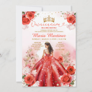Invitation Robe princesse Florale rouge Couronne or Quinceañe