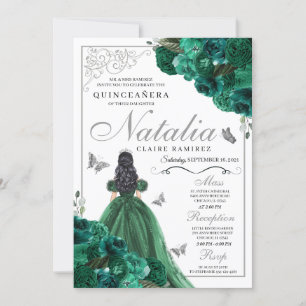Invitation Robe princesse florale verte et argent Quinceanera