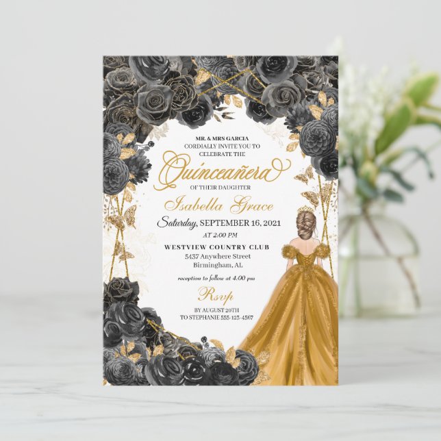 Invitation Robe princesse noire et or Quinceañera (Debout devant)