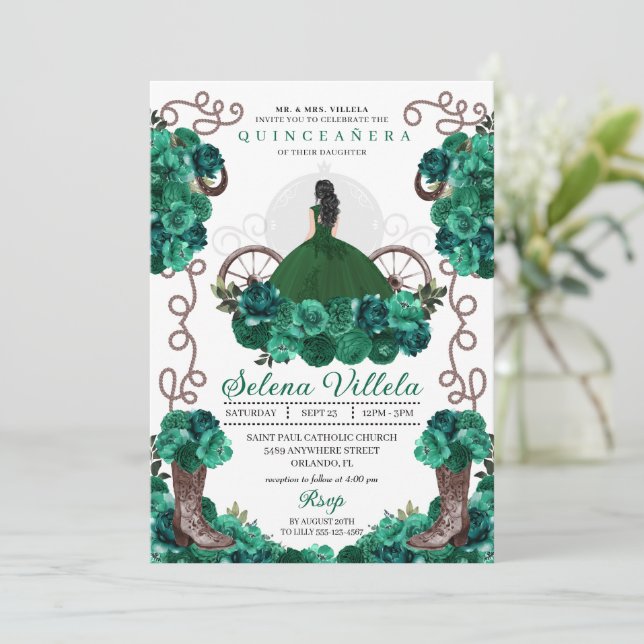Invitation Robe Princesse verte & Bottes Quinceañera (Debout devant)