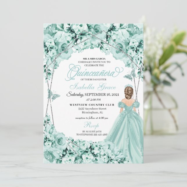 Invitation Robe princesse verte légère Quinceanera (Debout devant)