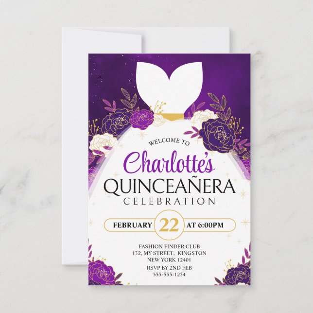 Invitation Robe princière blanche violette Quinceañera Floral (Devant)