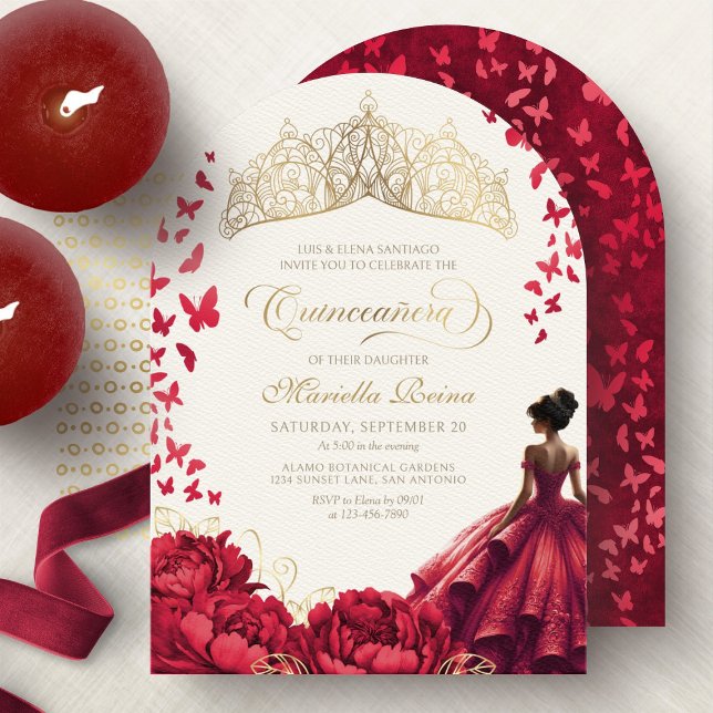 Invitation Robe princière rouge florale Quinceanera (Créateur téléchargé)