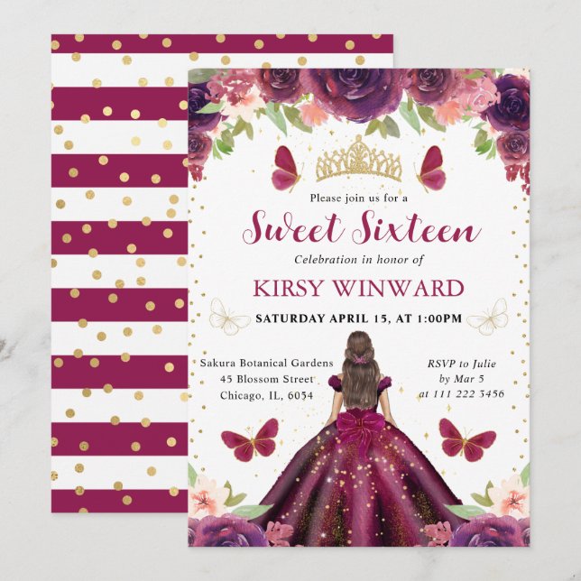 Invitation Robe prune brunette princesse Sweet 16 (Devant / Derrière)