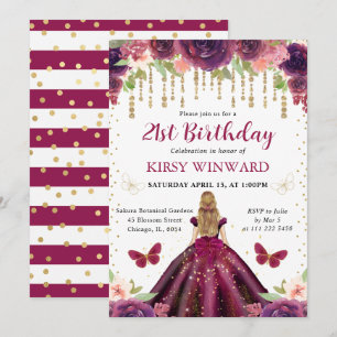 Invitation Robe prune princesse blonde anniversaire