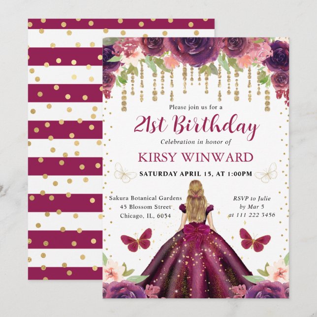 Invitation Robe prune princesse blonde anniversaire (Devant / Derrière)