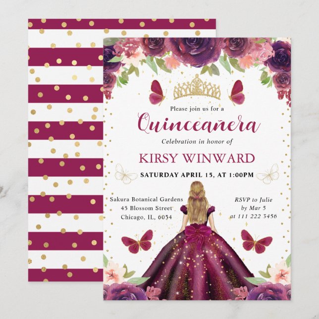 Invitation Robe prune princesse blonde Quinceanera (Devant / Derrière)