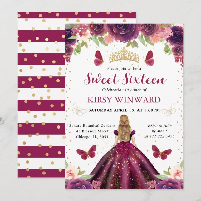 Invitation Robe prune princesse blonde Sweet 16 (Devant / Derrière)