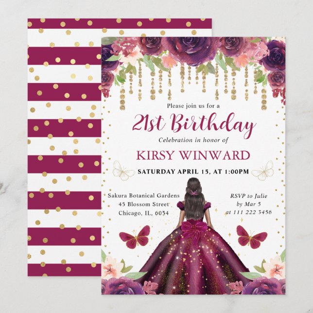 Invitation Robe prune princesse peau noire anniversaire (Devant / Derrière)