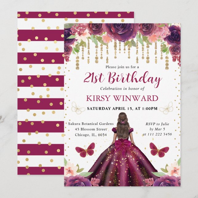 Invitation Robe prune princesse peau noire anniversaire (Devant / Derrière)