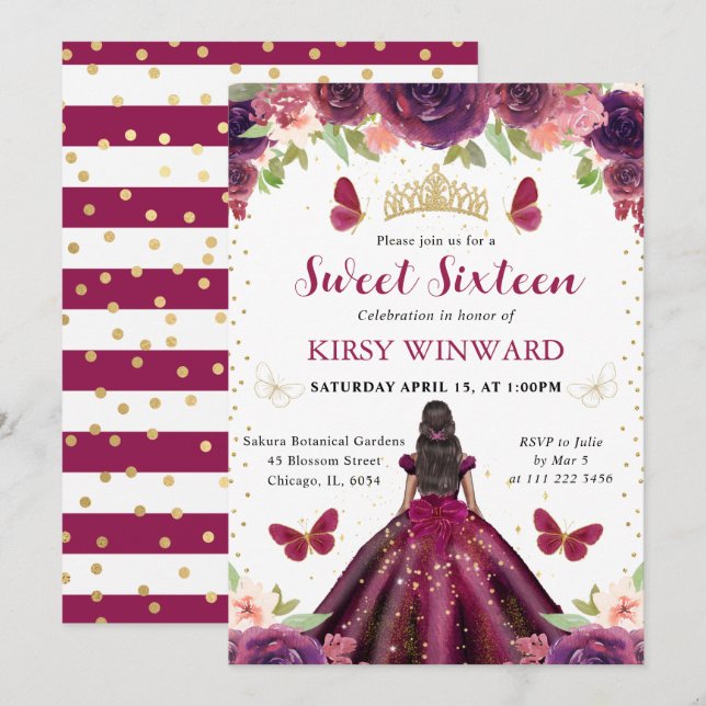 Invitation Robe prune Princesse peau noire Sweet 16 (Devant / Derrière)
