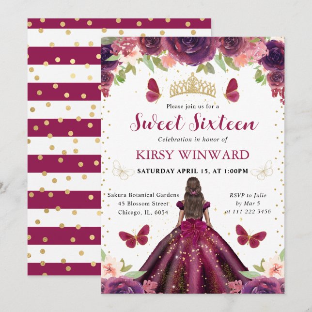 Invitation Robe prune Princesse peau noire Sweet 16 (Devant / Derrière)