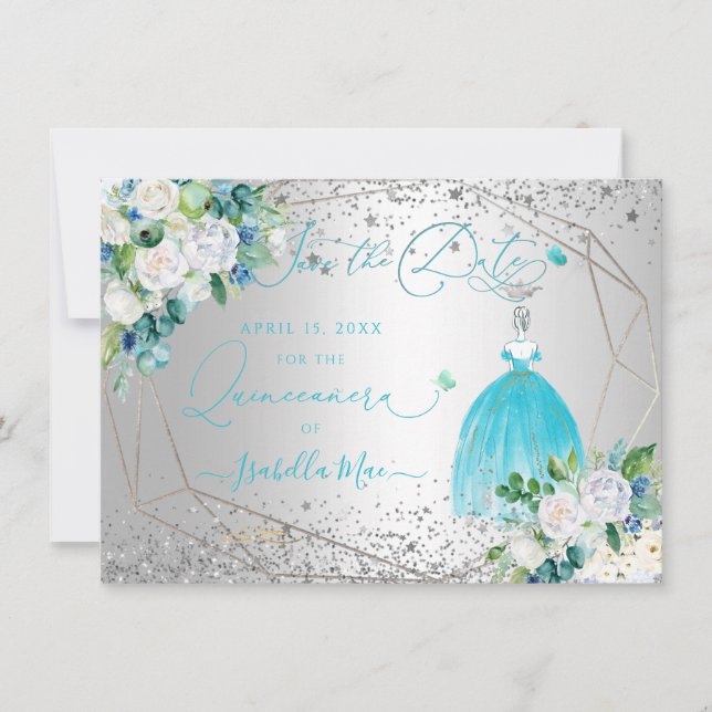 Invitation Robe Quinceanera bleu aqua PixDezines Date de sauv (Devant)