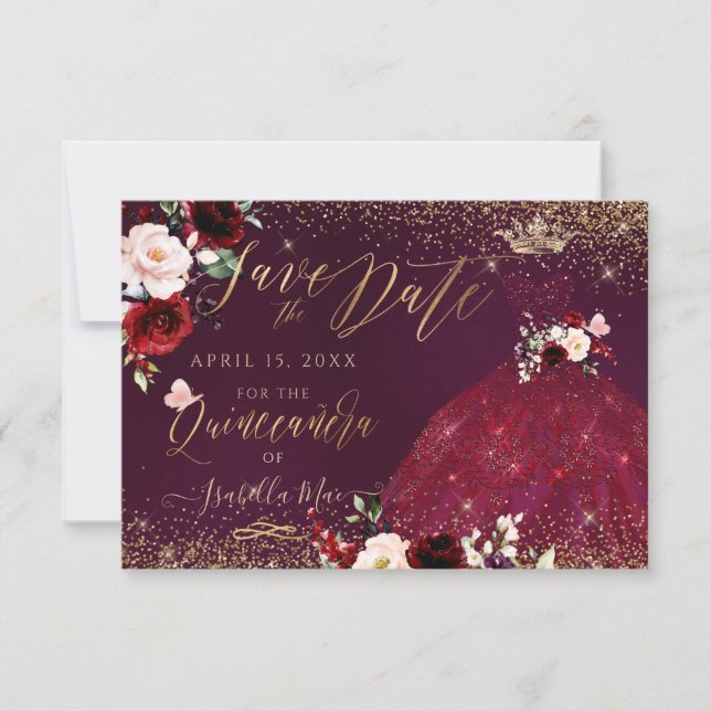 Invitation Robe Quinceanera Burgundy Save the Date  (Devant)