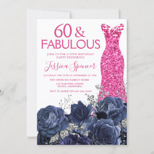 Invitation Robe rose 60e fête d'anniversaire Marine Floral