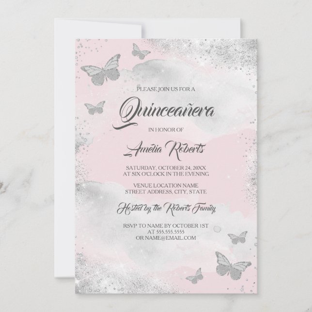 Invitation Robe rose Aquarelle Argent Robe Papillon Quinceane (Devant)