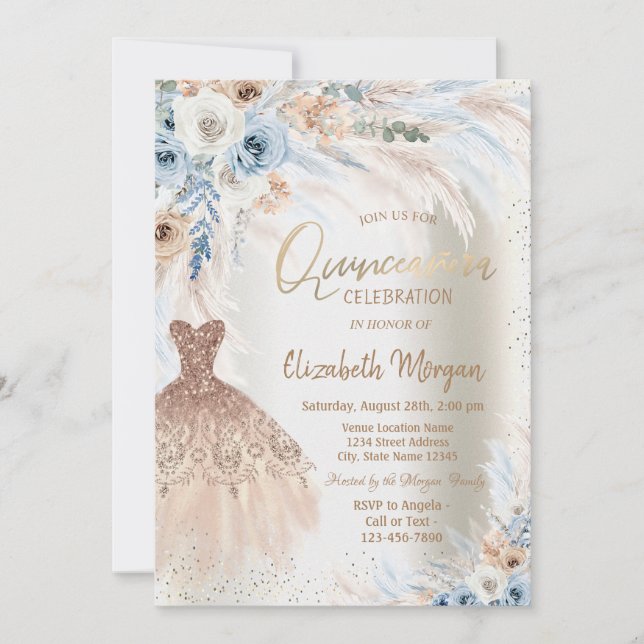 Invitation Robe Rose bleue Pampas Herbe Quinceanera (Devant)