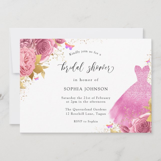Invitation Robe rose blush or étincelante Fête des mariées fl (Devant)