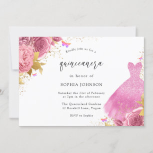 Invitation Robe rose Blush & Robe dorée à étincelle Florale Q