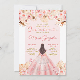 Invitation Robe rose Boho Floral Princesse Quinceañera