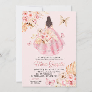 Invitation Robe rose Boho Papillon Floral Princess 15 Años