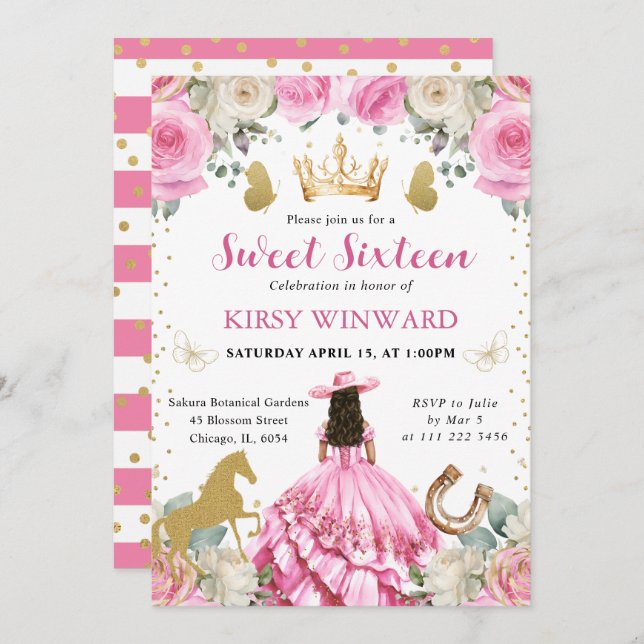 Invitation Robe rose Brunette Western Princess Sweet 16 (Devant / Derrière)