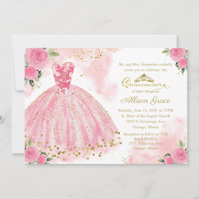 Invitation Robe rose chaud bilingue d'invitation de Quinceane (Devant)