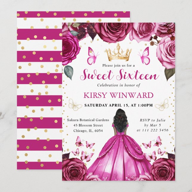 Invitation Robe Rose Chaud Peau Noire Princesse Douce 16 (Devant / Derrière)