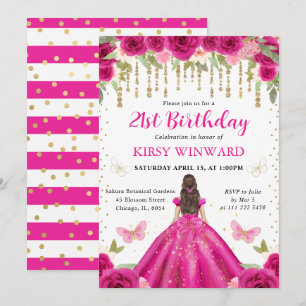 Invitation Robe Rose Chaud Princesse aux Cheveux Bruns Annive