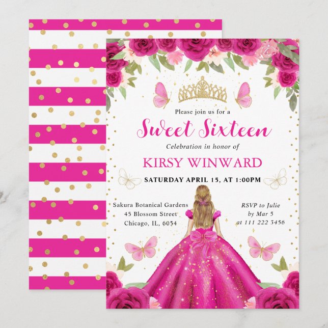 Invitation Robe Rose Chaud Princesse Blonde Sweet 16 (Devant / Derrière)