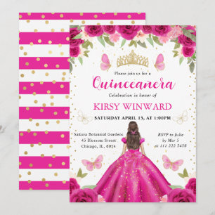Invitation Robe Rose Chaud Princesse Brune de Quinceañera