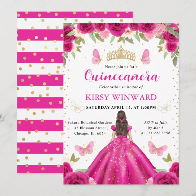 Invitation Robe Rose Chaud Princesse Brune de Quinceañera (Devant / Derrière)
