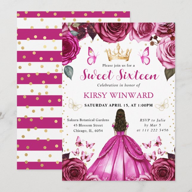 Invitation Robe rose chaude Brunette Princess Sweet 16 (Devant / Derrière)
