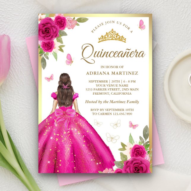Invitation Robe rose chaude papillon Or Quinceanera (Créateur téléchargé)