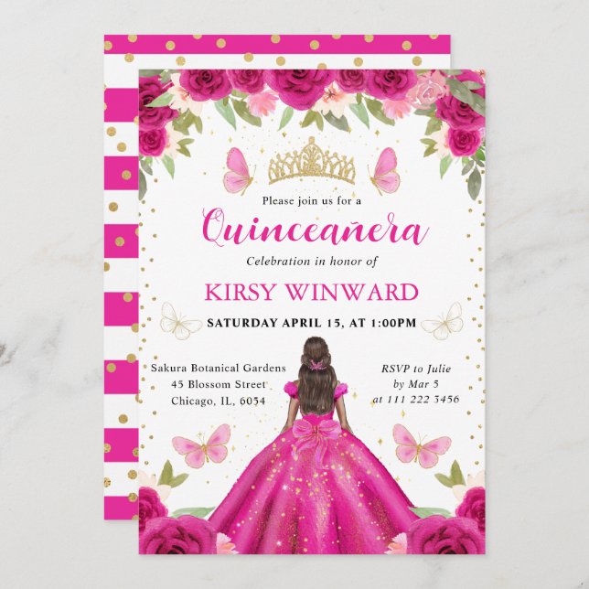 Invitation Robe rose chaude Peau foncée Princesse Quinceanera (Devant / Derrière)