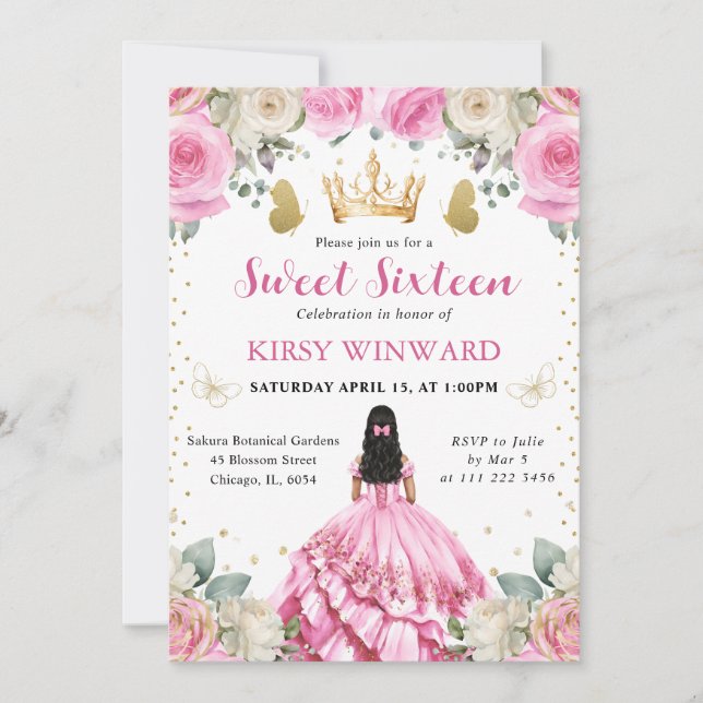Invitation Robe rose Cheveux noirs  Princesse Douce 16 ans (Devant)