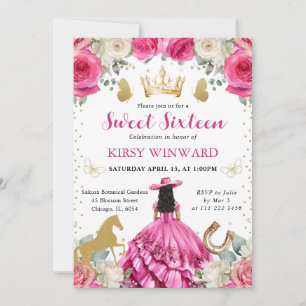 Invitation Robe rose Cheveux noirs Princesse western Sweet 16