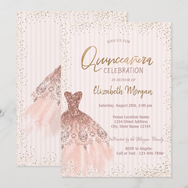 Invitation Robe Rose Chic Or Confetti Stripes Quinceañera (Devant / Derrière)
