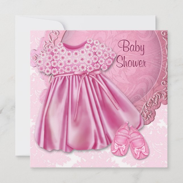 Invitation Robe rose Damas rose bébé fille douche (Devant)